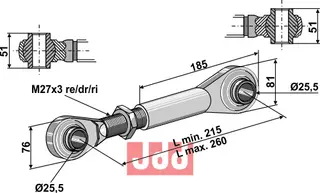 Topplenker M27x3 Ball end 51mm, lengde 215-260mm