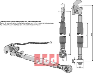 Topplenk med automatisk krok M30x3,5, lengde 760-960 mm