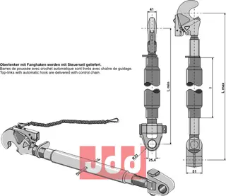 Top-link med automatisk krok M30x3,5, lengde 700-980mm