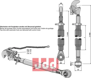 Topplenk med automatisk krok M36x3, lengde 660-920mm