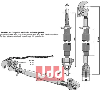 Topplenk med automatisk krok M36x3, lengde 640-900mm