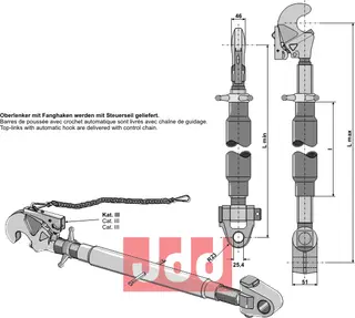 Topplenk med automatisk krok M36x3, lengde 770-1030mm