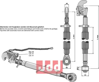 Topplenk med automatisk krok M36x3, lengde 720-980mm
