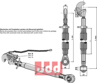 Topplenk med automatisk krok M36x3, lengde 600-860mm