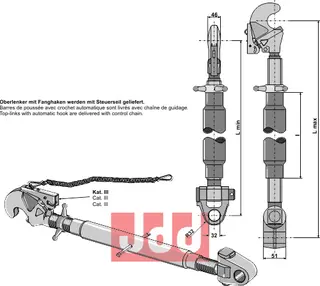 Topplink med automatisk krok M36x3, lengde 640-900mm