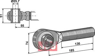 Herdede pinner M27x3 Ball end H:51mm, L:130mm