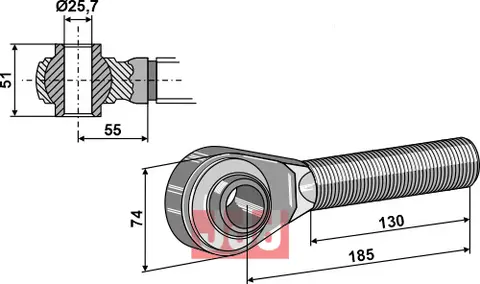 Herdede pinner M27x3 Ball end H:51mm, L:130mm