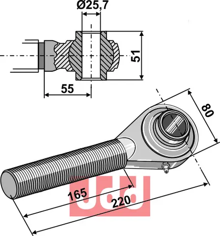 Herdet overlenke M36x3 Ballhøyde 51mm, lengde 165mm