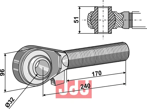 Toppstags ende med kule  M42x3 - 170 - JDD Utstyr