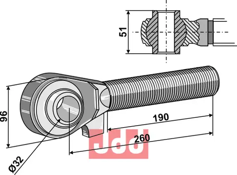 Toppstags ende med kule  M42x3 - 190