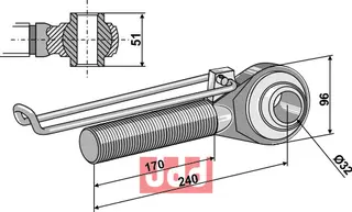 Toppstags ende med kule  M42x3 - 170