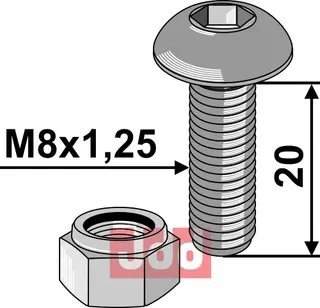 Umbracobolt M8x1,25x20 - 10.9 m. Låsemutter