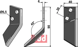 Fôrblanderkniv til Walker L90 x B40 x T4 mm - Ø6,5