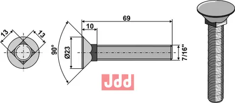 Plogbolt til Bourgault 7/16" UNC - 69 mm - 90°