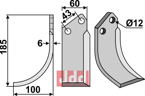 Kniv til Agria 185 x 60 mm - 12 hull