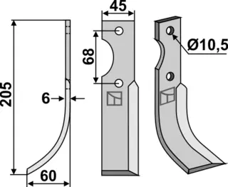 Blade 205x45mm venstre Benassi 205 x 45 mm, hullavstand 68 mm
