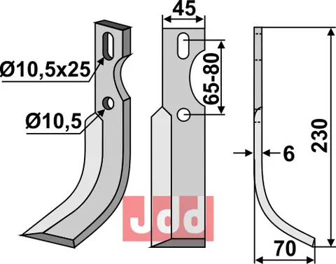 Universal kniv til vertikal jordfreser 230 x 45 mm - 10,5/10,5x25 mm