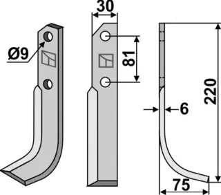 Kniv 220x30mm til Bertolini Hole: 9 mm, Lengde: 220 mm