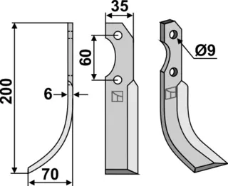 Kniv til Brumital-Agris 200x35mm, hull 9mm, avstand 60mm