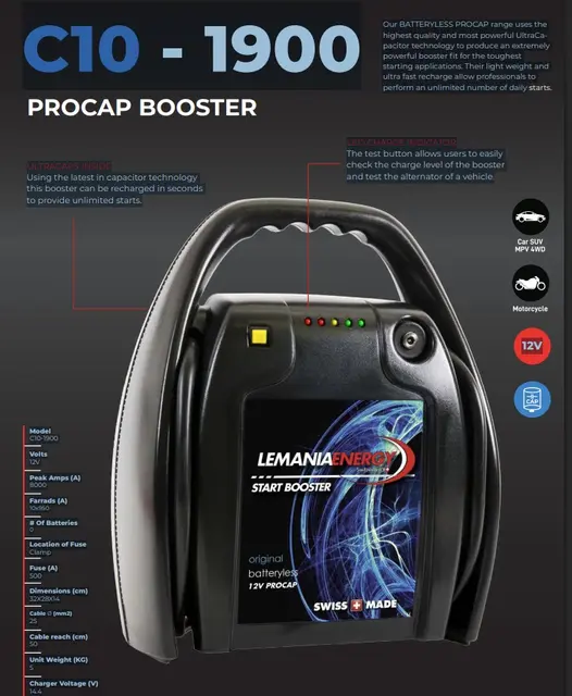 LeMania  PROCAP C10-1900 Booster 12V Batteriløs - Ultra Capacitor-teknologi 