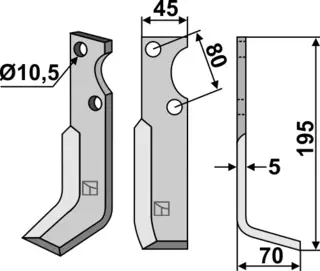 Kniv 195x45mm til Barbieri L: 195mm, B: 45mm, 10,5 hull
