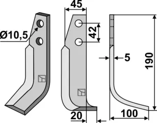 Kniv 190x45mm til Goldoni Lengde 190mm, hull 10,5mm