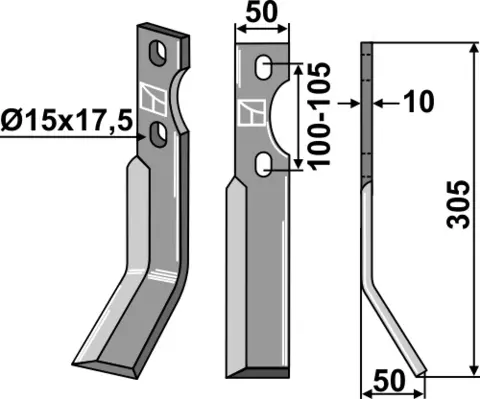 Freserkniv 305x50 mm høyre hull 15x17,5, avst. 100-105