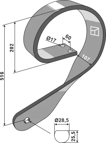 Fjærbelastet skaft venstre 100x100, 516mm lengde 