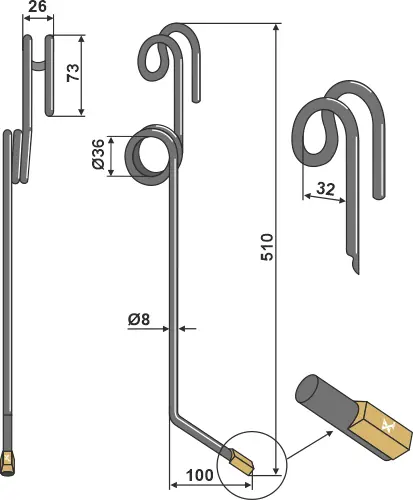 Following tine Ø8mm - Grégoire Besson Ø8mm, 510mm, passer Einböck 