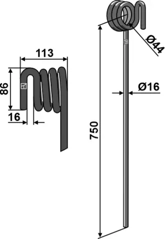 Following tine Ø16mm, høyre Ø16mm, Kverneland Etterløpstind