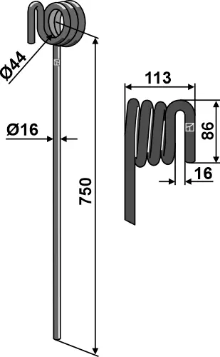 Etterløpstind Ø16 mm, venstre Ø16 mm, Kverneland Etterløpstind 