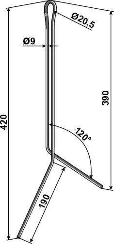 Etterløpstind til Pöttinger Ø9 x 420 mm - 20,5 mm boltåpning 