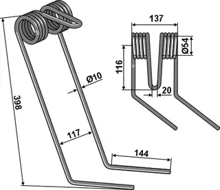 Following tine Ø10mm, right til Sulky/Sk Ø10mm, L: 398mm, Bolts: 20