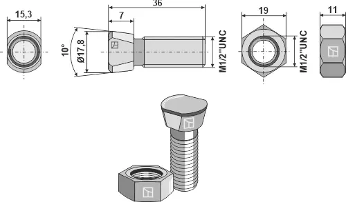 Plogbolt 1/2''UNC 1/2''UNC, 36mm lengde 