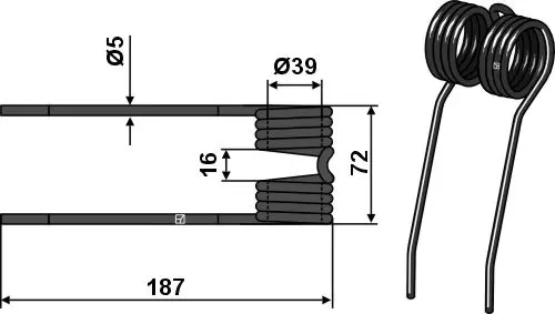 Pick-up tine Ø5 til Fendt Ø5, Lengde 187 mm, Fendt 990/1270/1290 