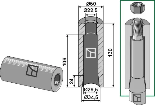 Sveiseforing 130mm Ø: 50mm, L: 130mm, Hull: 22,5 