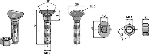 Kultivatorbolt M12x70 M12, lengde 70 mm, kvalitet 10.9