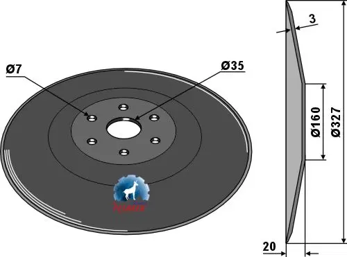 Såskive Ø327mm til Kuhn Ø327x3mm, Pitch Ø80mm 