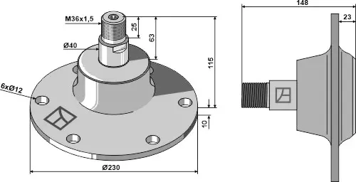 Lager med høyre gjenger til Lemken Ø230 x 10 mm - M36x1,5 