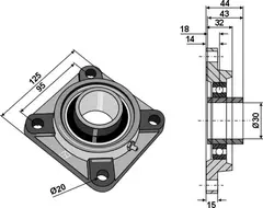 Spennlager UCF - Ø30 Boring: 20mm, Hole spacing: 95mm