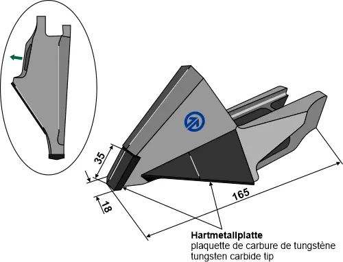 Utskiftbar spiss til Bourgault Lengde 165 mm, bredde 18 mm 