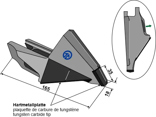 Utskiftbar spiss til Bourgault Lengde: 165 mm, Bredde: 18 mm 