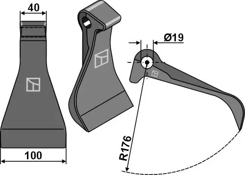 Slaghammere til Kverneland, Maletti Bredde 100 mm, Hull 19 mm 