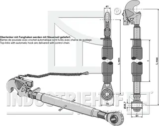 Top-link med automatisk krok M30x3,5, maks 710mm, min 490mm