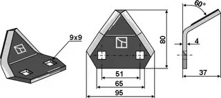 Fôrmikserkniv til Audureau 80mm lengde, 9x9 hull