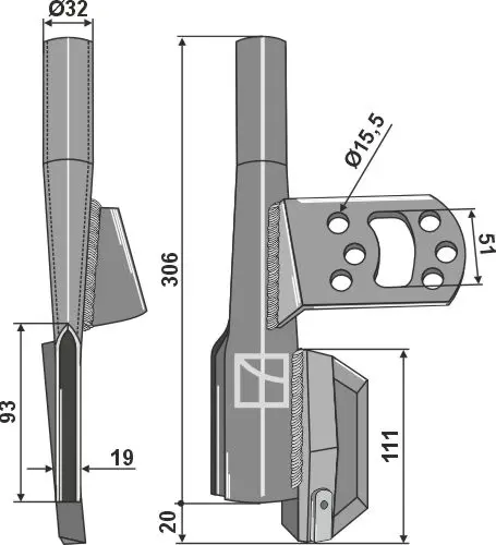 Såskjær til Väderstad Hål: 15,5 mm, Lengde: 326 mm 