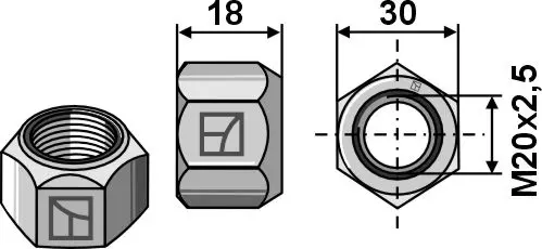 M20 mutter med klemmeinnretning M20x2,5, åpning 30, kvalitet 10.9 