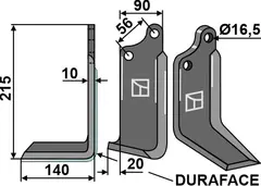 Kniv til Maschio / Gaspardo 215 x 90 mm - 16,5 mm hull