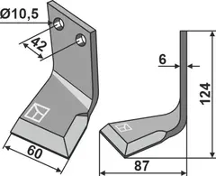Venstre rotary tind til R2 124 x 60 mm - 10,5 mm hull