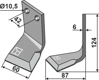 Venstre rotary tind til R2 124 x 60 mm - 10,5 mm hull
